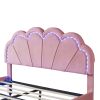 Queen Upholstered Smart LED Bed Frame with Elegant Flowers Headboard,Floating Velvet Platform LED Bed with Wooden Slats Support