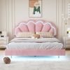 Queen Upholstered Smart LED Bed Frame with Elegant Flowers Headboard,Floating Velvet Platform LED Bed with Wooden Slats Support