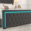 King Platform Bed Frame With High headboard, Velvet Upholstered Bed with Deep Tufted Buttons, Adjustable Colorful LED Light Decorative Headboard, Wide