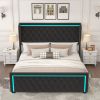 King Platform Bed Frame With High headboard, Velvet Upholstered Bed with Deep Tufted Buttons, Adjustable Colorful LED Light Decorative Headboard, Wide