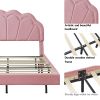 Queen Upholstered Smart LED Bed Frame with Elegant Flowers Headboard,Floating Velvet Platform LED Bed with Wooden Slats Support