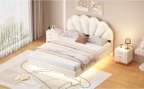 Queen Upholstered Smart LED Bed Frame with Elegant Flowers Headboard,Floating Velvet Platform LED Bed with Wooden Slats Support