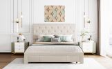 Queen Size Storage Bed Velvet Upholstered Platform Bed with a Big Drawer - Beige