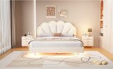 Queen Upholstered Smart LED Bed Frame with Elegant Flowers Headboard,Floating Velvet Platform LED Bed with Wooden Slats Support