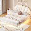 Queen Upholstered Smart LED Bed Frame with Elegant Flowers Headboard,Floating Velvet Platform LED Bed with Wooden Slats Support