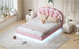 Queen Upholstered Smart LED Bed Frame with Elegant Flowers Headboard,Floating Velvet Platform LED Bed with Wooden Slats Support